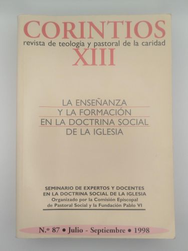 Portada del libro de Corintios XIII, Revista de teología y pastoral de la caridad, Nº87. La enseñanza y la formación en la...