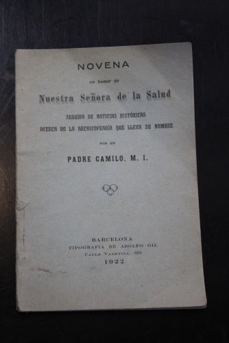 Portada del libro de Novena en honor de Nuestra Señora de la Salud. seguida de noticias históricas acerca de la Archicofradía...