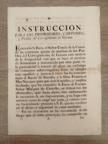 Portada del libro de Instrucción para los promotores, cantones y pueblos del corregimiento de Gerona