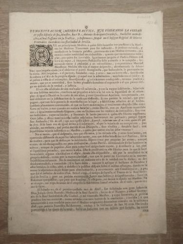 Portada del libro de Demostración medico práctica de Don Antonio Rodríguez Cordobesa, bachiller y enfermero mayor en el insigne...