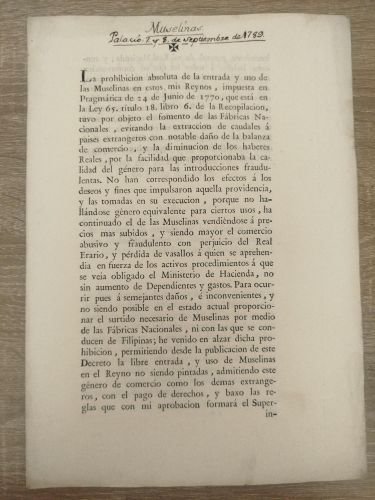 Portada del libro de Prohibición absoluta de la entrada de muselinas en el reino de Carlos IV
