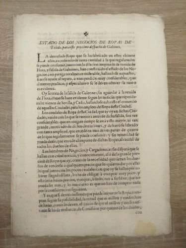Portada del libro de Estado de los negocios de ropas de Toledo, para este próximo despacho de Galeones