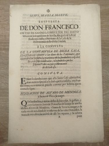 Portada del libro de Respuesta de Don Francisco Ortiz de Godoy, consultor del Santo Oficio de la Inquisición de Sevilla,...