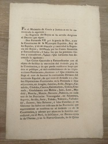 Portada del libro de Decreto por la Regencia del Reyno sobre distribución de Diputaciones Provinciales y sus efectos en las...