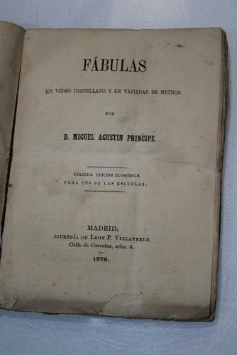 Portada del libro de 1878.- Fábulas en verso castellano y en variedad de metros
