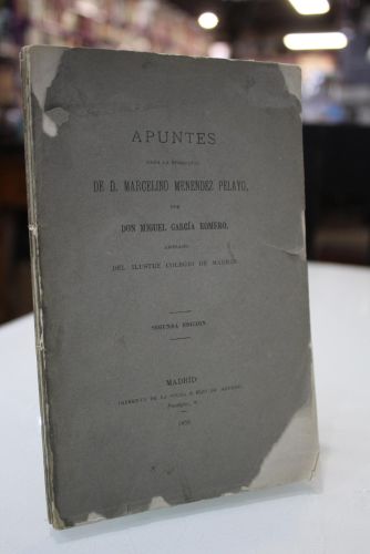 Portada del libro de 1879.- Apuntes para la biografía de D. Marcelino Menéndez Pelayo.