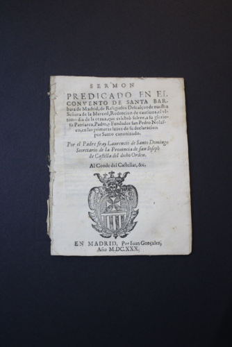 Portada del libro de Sermón predicado en el convento de Santa Bárbara de Madrid, de Religiosos Descalzos de nuestra Señora...