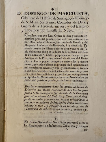 Portada del libro de (Contrato Banco San Carlos) D. Domingo de Marcoleta, Caballero del Hábito de Santiago, del Consejo de...